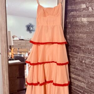 Pink Tiered Dress with Red Trim maxi dress